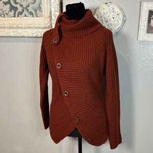 Zenana Rust Asymmetric Button Turtleneck Sweater